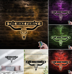 Maxcorners Personalized Metal Ranch Sign WITH LED/WITHOUT LED – Western Longhorn Skull Cowboy Decor LM0110