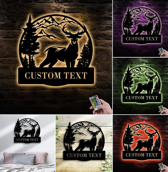 Maxcorners Personalized Deer Hunting Metal Sign WITH LED/WITHOUT LED Light Mountain Scene Custom Text Rustic Wall Art Gift LM0110