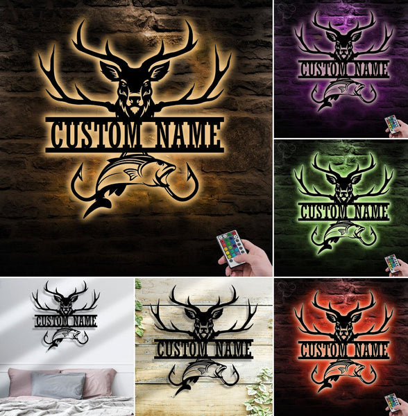 Maxcorners Personalized Deer & Fish Metal Sign WITH LED/WITHOUT LED Light Rustic Cabin Wall Decor Hunter Fisher Gift LM0110