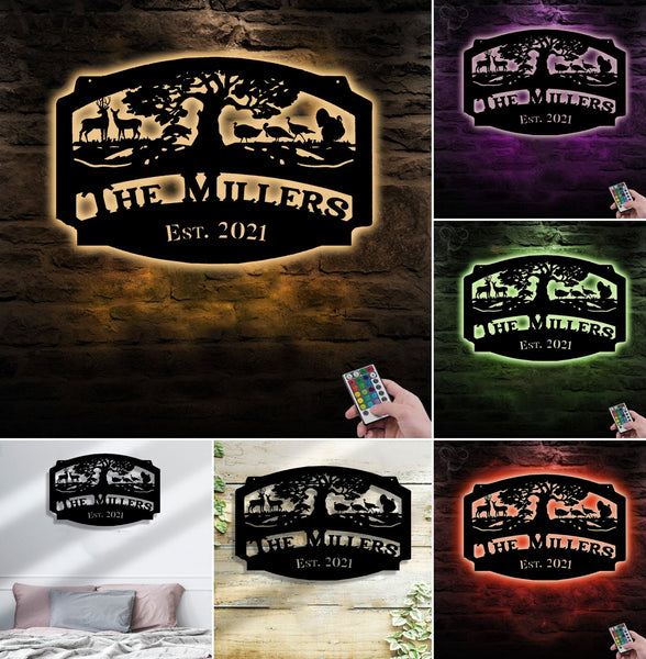 Maxcorners Personalized Hunting Metal Sign WITH LED/WITHOUT LED Light Deer Turkey Scene Custom Name Metal Wall Art Hunter Gift Rustic Cabin Decor LM0110