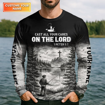 Maxcorners Cast All Your Cares On The Lord Fishing UPF Shirt, Personalized Fishing Shirt For Men, Fishing Shirts For Men