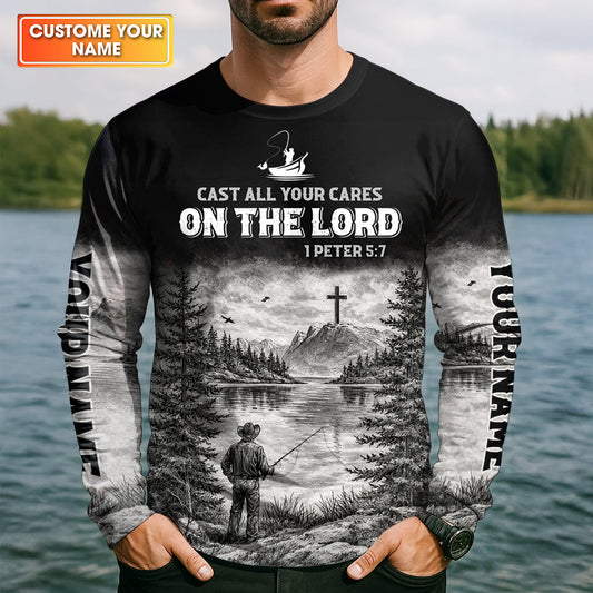 Maxcorners Cast All Your Cares On The Lord Fishing UPF Shirt, Personalized Fishing Shirt For Men, Fishing Shirts For Men