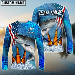 Maxcorners Salmon Fishing Beer Usa Flagn Personalized Name, Team Name 3D Long Sleeve Shirt