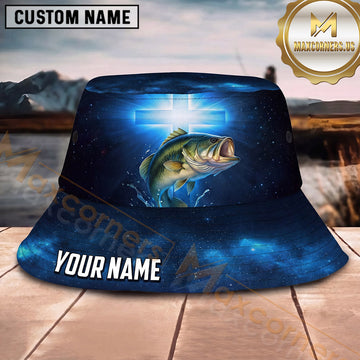 Maxcorners Fishing Green Camo Fishing Adventure with Dynamic Splash Personalized Name 3D Bucket Hat (13 Fish Species)