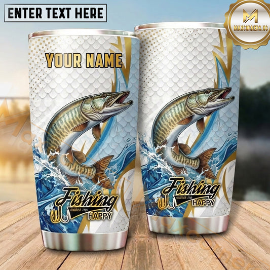 Maxcorners Fishing Tumbler White Gold Marble Geometric Design Personalized Name Tumbler (13 Species)