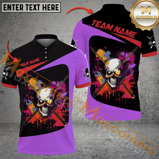 Maxcorners Billiard Skull Colorful Multicolor Options Personalized Name, Team Name 3D Polo Shirt (4 Colors)