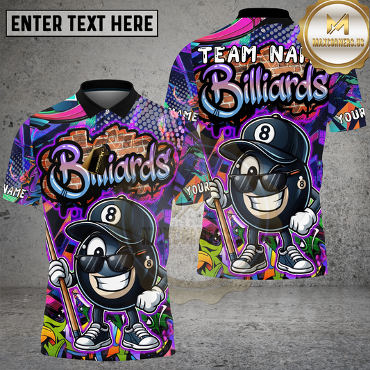 Maxcorners Billiard Shirt Vibrant Graffiti Style 8-Ball Character Multioptions Personalized Name, Team Name 3D Shirt (4 Colors)