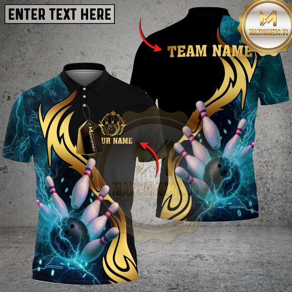 Maxcorners Bowling Strike Thunder Lightning Multicolor Customized Name, Team Name 3D Shirts