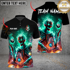 Maxcorners Billiard Pool 8 Ball Flaming Skeleton Personalized Name Men And Women 3D Polo Shirt Custom Billiard Team Jersey (4 Colors)