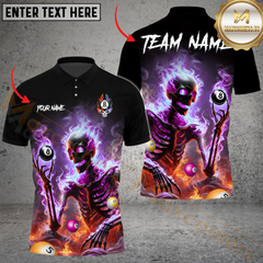 Maxcorners Billiard Pool 8 Ball Flaming Skeleton Personalized Name Men And Women 3D Polo Shirt Custom Billiard Team Jersey (4 Colors)