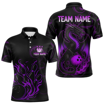 Maxcorners Black And Purple Flame Custom Dragon Bowling Team Shirts For Men, Bowling Uniform Outfit LM1605
