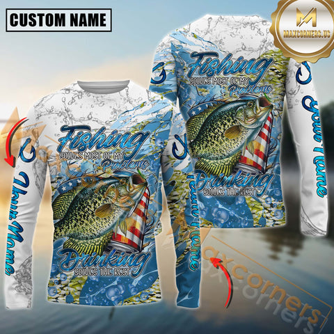 Maxcorners Crappie Fishing  Beer & Fishing Flag Quote “Fishing solves most of my problems, drinking solves the rest” Dynamic Strike Sport Jersey Personalized Name, Team Name Long Sleeve Shirt