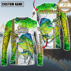Maxcorners Mahi-Mahi Fishing Skinfish Golden Line Pattern Sport Jersey Personalized Name, Team Name Long Sleeve Shirt