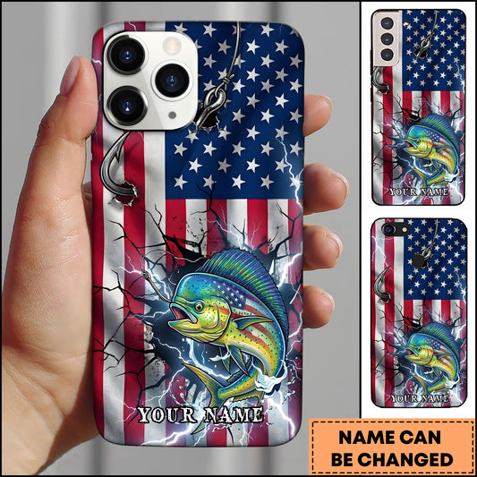 Maxcorners Mahi-mahi Fishing Phone Case American Flag Lightning Design Personalized Name 3D Phone Case