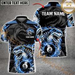 Maxcorners Ball 8 Shark Attack Billiard Jersey Custom Name, Team Name Pool 3D Shirt With Fierce Shark Design