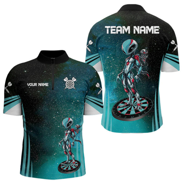 Maxcorners Turquoise Pattern Alien And Dartboards Custom Dart Shirts For Men, Dart Jerseys LM105