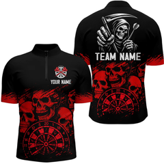 Maxcorners Custom Men's Grim Reaper Dart Shirt – Black Red Grunge Darts Jersey Team Polo & Quarter Zip Styles LM2404
