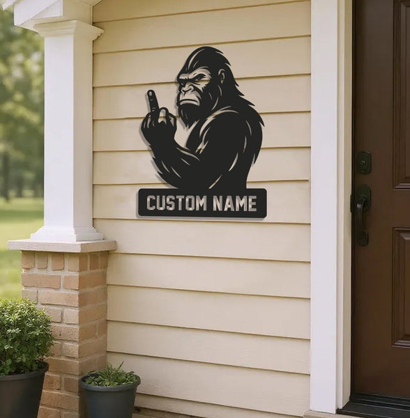 Maxcorners Personalized Bigfoot Metal Sign WITH LED/WITHOUT LED Light, Funny Sasquatch Middle Finger Wall Art, Hunter Gag Gift for Man Cave or Garage LM0110