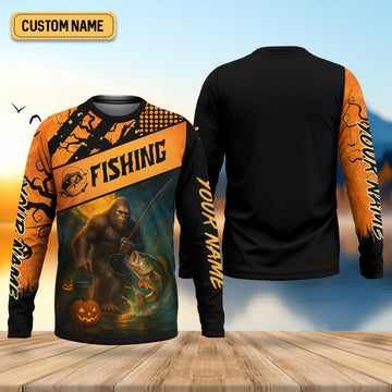 Maxcorners Bigfoot Halloween Fishing UPF Shirts, Fish Button Up Shirt, Fisherman Gift, Bass Fishing