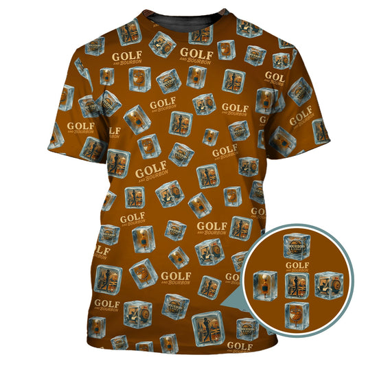 Maxcorners Funny Golf And Bourbon Polos, Brown Golf Shirt with Whiskey Ice Cube For Men, Pattern Crazy Golf Shirts For Golfers