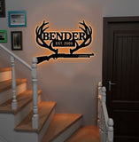Maxcorners Personalized Metal Sign WITH LED/WITHOUT LED – Deer Antler Hunting Wall Decor with Rifle – Custom Rustic Cabin Sign for Hunters LM0110