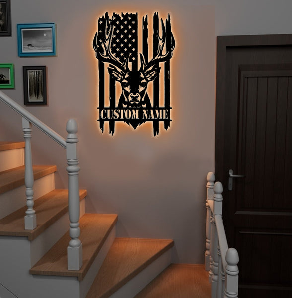 Maxcorners Personalized Vertical American Flag Deer Hunting Metal Sign WITH LED/WITHOUT LED Light Rustic Lodge Wall Decor LM0110