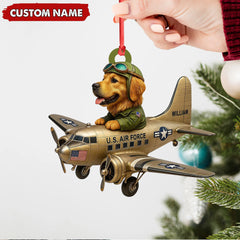 Maxcorners Personalized Dog Pilot Christmas Ornament And Keychain, Custom Name U.S. Air Force Airplane, Military Dog Lover Tree Decor Gift