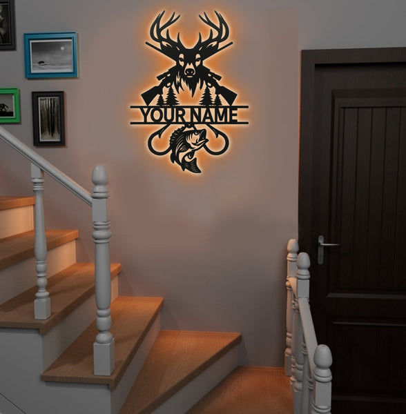 Maxcorners Personalized Deer Hunting and Fishing Metal Sign WITH LED/WITHOUT LED – Rustic Cabin Wall Decor, Gift for Hunters and Anglers LM0110