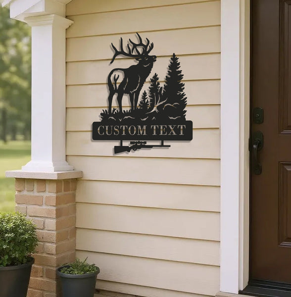 Maxcorners Personalized Elk Hunting Metal Sign WITH LED/WITHOUT LED Light Deer Forest Scene Custom Name Rifle Wall Art Hunter Gift LM0110