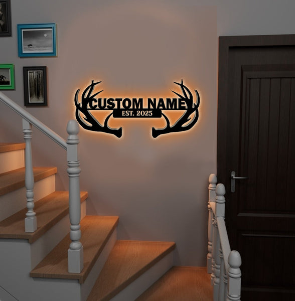 Maxcorners Personalized Deer Antler Metal Sign WITH LED/WITHOUT LED - Rustic Cabin Name Sign, Hunter Lodge Established Wall Art LM0110