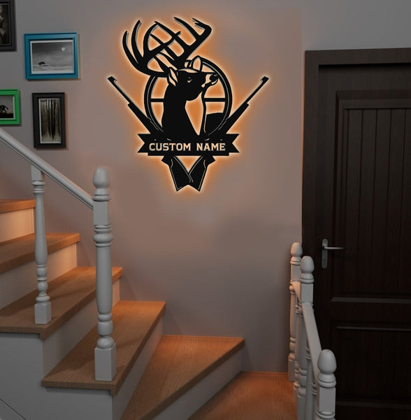 Maxcorners Personalized Deer Hunting Metal Sign WITH LED/WITHOUT LED - Rustic Buck Wall Art with Rifles, Hunter Lodge Decor & Outdoor Cabin Sign LM0110