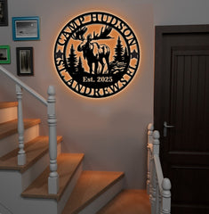 Maxcorners Personalized Moose Metal Sign WITH LED/WITHOUT LED - Rustic Cabin Name Sign, Wildlife Wall Art for Lodge, Camp & Outdoor Decor LM0110