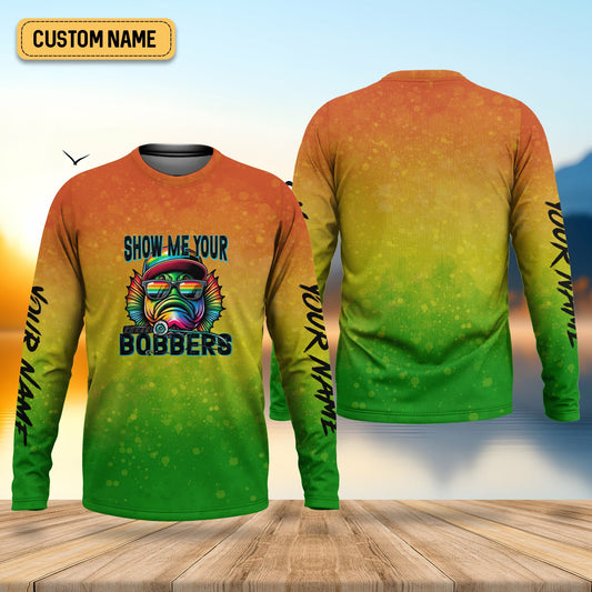 Maxcorners Show Me Your Bobbers Shirt, Green Yellow Orange Men Fishing Shirt, Funny Fishing Shirt, SPF Shirt