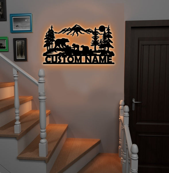Maxcorners Personalized Bear Family Metal Sign WITH LED/WITHOUT LED - Mountain Cabin Name Sign, Rustic Wildlife Wall Art for Lodge & Outdoor Decor LM0110