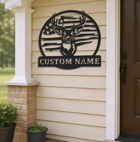 Maxcorners Custom Name American Flag Deer Hunting Metal Sign WITH LED/WITHOUT LED Light Rustic Lodge Wall Decor LM0110