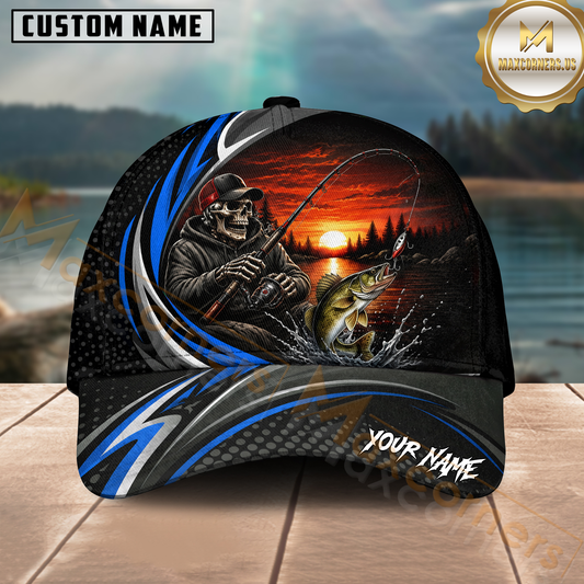 Maxcorners Fishing Skull Angler Blue Wave Personalized 3D Cap