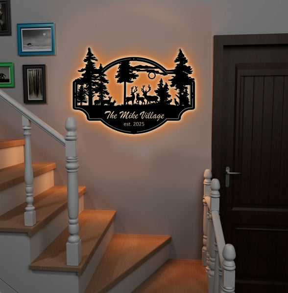 Maxcorners Personalized Deer Metal Sign WITH LED/WITHOUT LED - Rustic Wildlife Scene Cabin Name Sign, Family Lodge Outdoor Wall Art LM0110