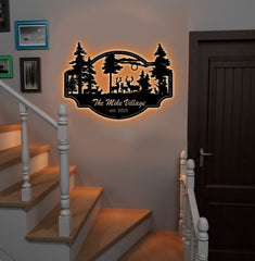 Maxcorners Personalized Deer Metal Sign WITH LED/WITHOUT LED - Rustic Wildlife Scene Cabin Name Sign, Family Lodge Outdoor Wall Art LM0110