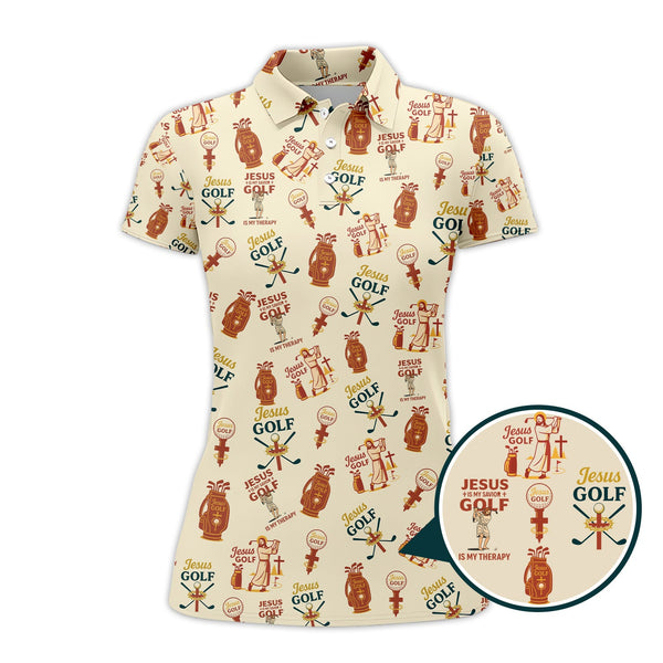 Maxcorners Jesus And Golf Is My Therapy Shirt, Pattern Golf Shirt, Jesus Golf Polos For Men