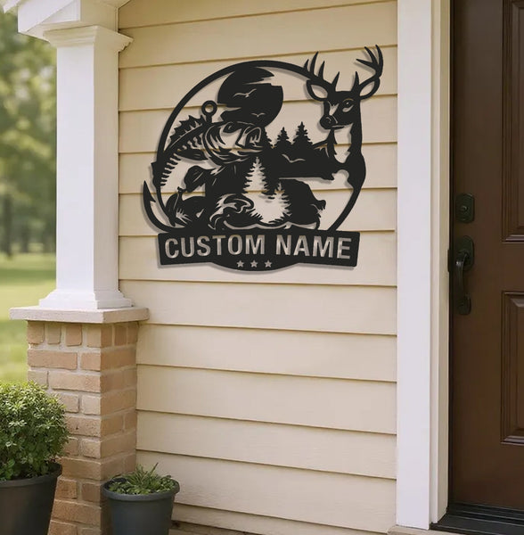 Maxcorners Personalized Deer and Fish Hunting Metal Sign WITH LED/WITHOUT LED, Rustic Cabin Wall Decor, Wildlife Outdoor Lodge Gift LM0110