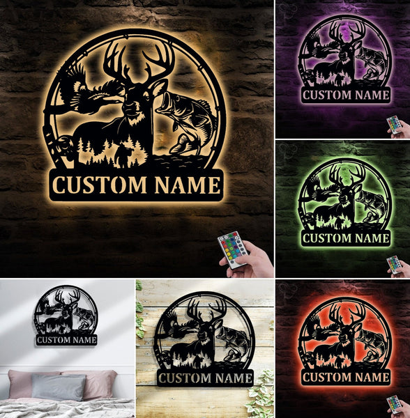 Maxcorners Personalized Deer, Fish & Duck Hunting Metal Sign WITH LED/WITHOUT LED, Rustic Wildlife Wall Decor for Cabin, Lodge, or Mancave LM0110