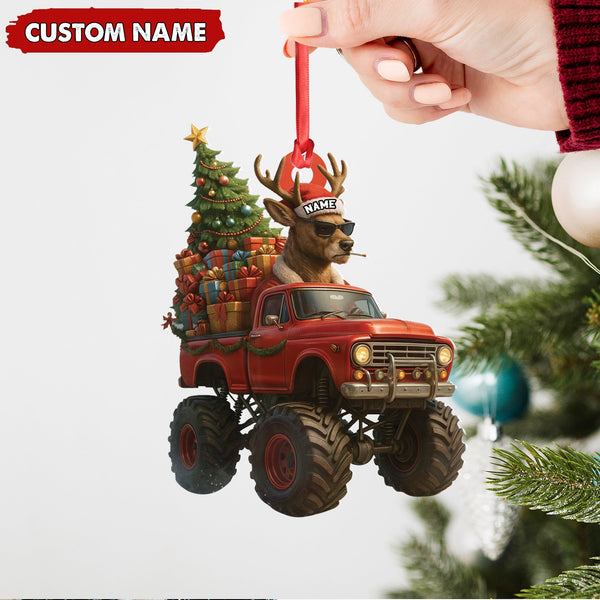 Maxcorners Personalized Funny Deer Truck Acrylic Christmas Ornament – Custom Name Gift for Hunters & Outdoor Lovers LM0411