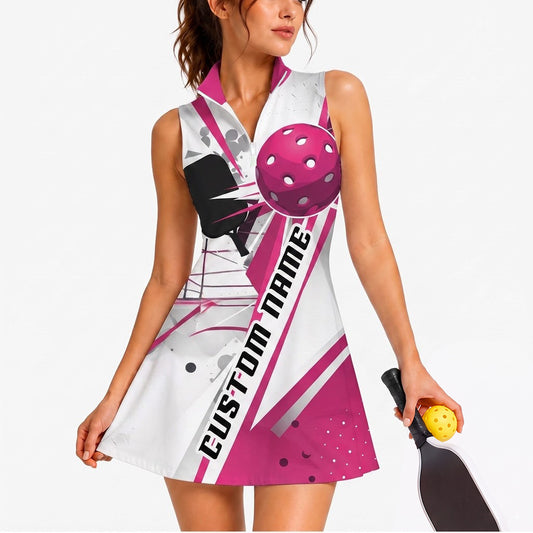 Maxcorners Pickleball Sleeveless Zipper Sports Dress Set Pink Ball Custom Name Stripe Personalized Name 3D Sleeveless Zipper Sports Dress Set
