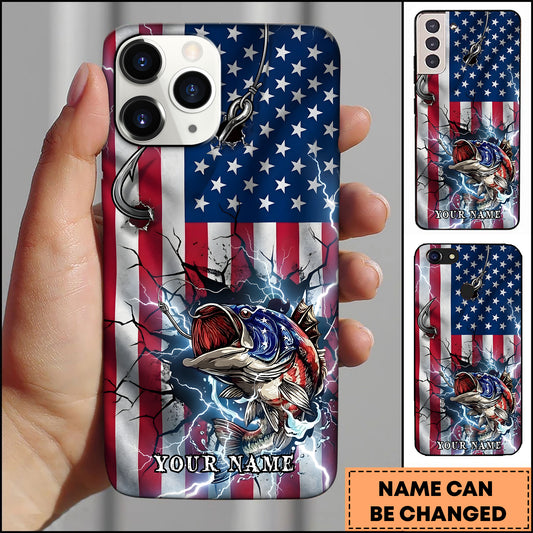 Maxcorners Bass Fishing Phone Case American Flag Lightning Design Personalized Name 3D Phone Case