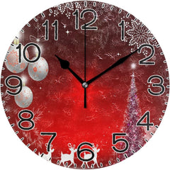 Maxcorners Christmas Red Wall Clock with Santa Claus, Battery Operated, Non-Ticking, Silent Quartz, Analog, Rustic, Round Clock, Retro Home Decor for Kitchen, Living Room TU3012