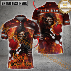 Maxcorners Custom Bowling Team Jersey, Skull Bowling With Flaming Ball and Pins Personalization Name And Team Name