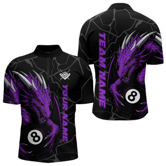 Maxcorners Custom Men's Dragon Billiard Shirt – Black And Purple 8 Ball Pool Team Jersey Polo & Quarter Zip LM2404