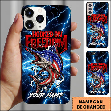 Maxcorners Marlin Fishing Phone Case Hooked On Freedom Lightning Art Personalized Name 3D Phone Case