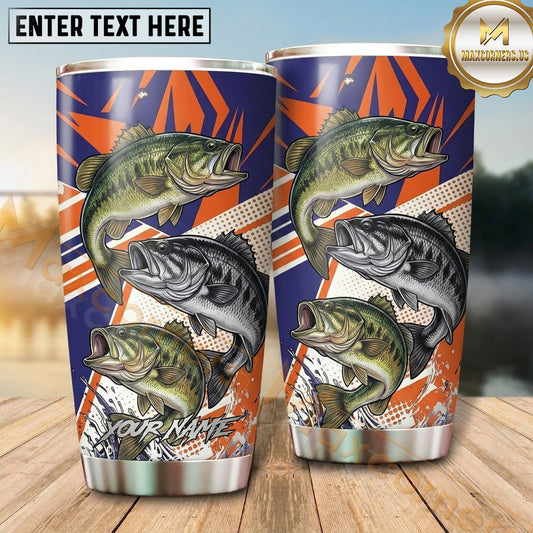 Maxcorners Fishing Tumbler Retro Orange Navy Stripe Design Personalized Name Tumbler (13 Species)