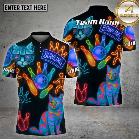 Maxcorners Bowling & Pins Neon Cat Pattern Multicolor Options Personalized Name, Team Name 3D Shirt (4 Colors)